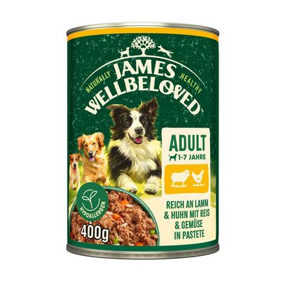 James Wellbeloved Adult 1–7 Jahre, hypoallergénique, 400g. Texte allemand : reich an Lamm & Huhn mit Reis & Gemüse in Pastete. Illustration de pâtée et chiens.